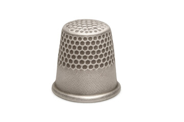 Textured metallic thimble reflecting light, resting on transparent background, highlighting precision crafting and sewing tools