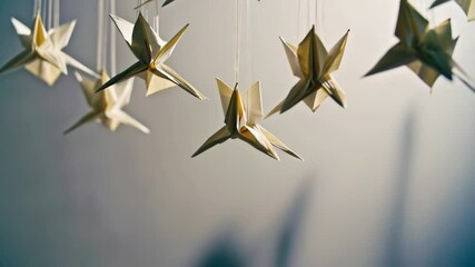 Origami paper stars hanging from strings create a mobile. Geometric paper forms create abstract patterns of shape and texture. - Powered by Adobe