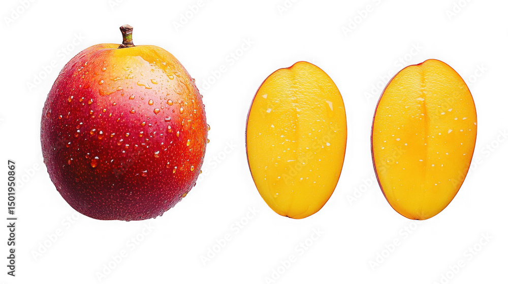 Poster fresh red mango with two halves isolated on transparent background