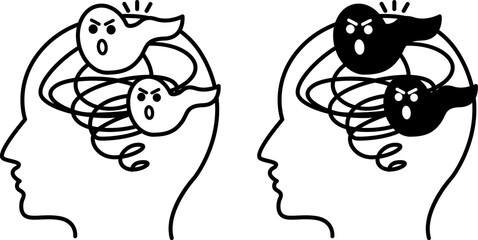 Schizophrenia Icons. Black and White Vector Illustration. Mental Illness, Hallucinations, Psychosis, Speech Impairment. Mental Health Concept