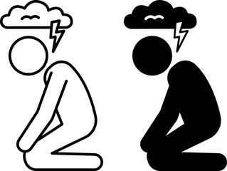 Trauma Icons. Black And White Vector Illustrations. Man Sitting On His Knees, Dark Cloud Above Him. Person Experiencing A Stressful Or Traumatic Event. Mental Health Concept
