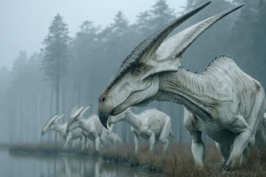 Prehistoric Creatures in a Misty Forest Habitat Ancient Wildlife Dinosaur Artwork Extinct An