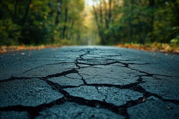 Cracked asphalt road stretches into a blurred forest, hinting at disrepair and forgotten paths through nature's embrace.