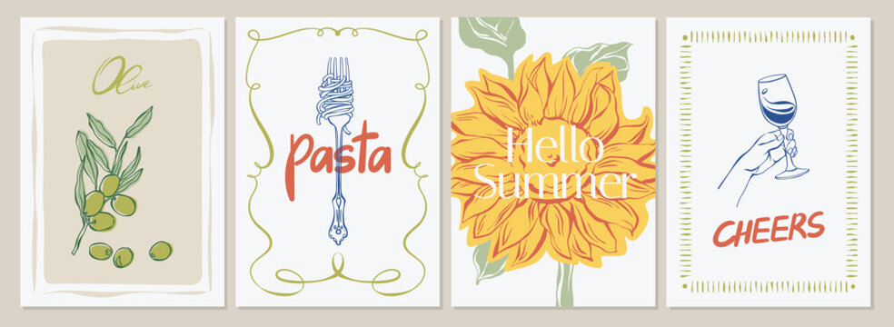 Mediterranean posters in hand drawn line art with whimsical olive branch, pasta on fork, sunflower with hello summer, wine cheers. Whimsical vintage retro line art for poster, print, card, invitation
