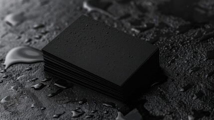 Stylish stacked black cards presentation on textured surface with water droplets