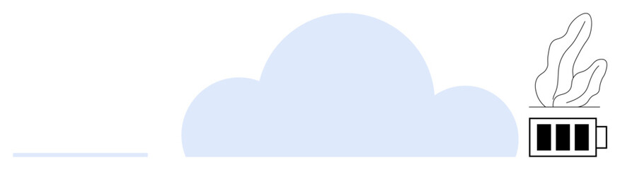 Blue cloud, steaming coffee cup with stripes, minimal design. Ideal for technology, cloud storage, digital workspace, relaxed productivity, modern life balance, innovation simple landing page