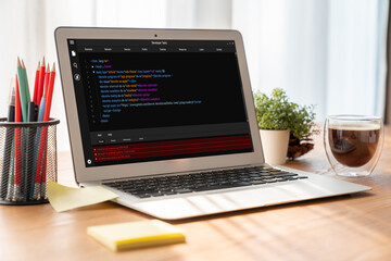 Software development programming on computer screen for modish application and program coding