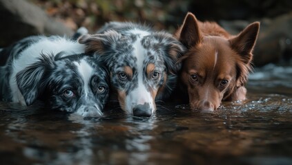 Three Dogs Drinking Water in a Stream