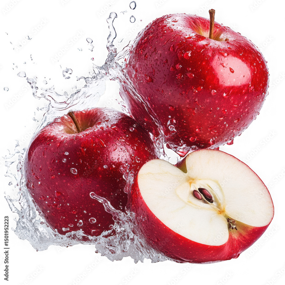 Poster red apples splashing in water isolated on transparent background