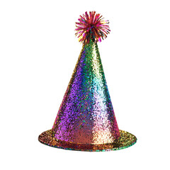 Rainbow Glitter Party Hat with Tassel – Realistic 8K Image Isolated on White Background