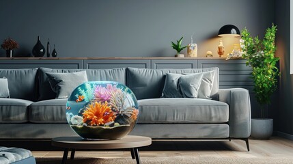 Mini aquarium on table in modern living room with grey sofa and pillows