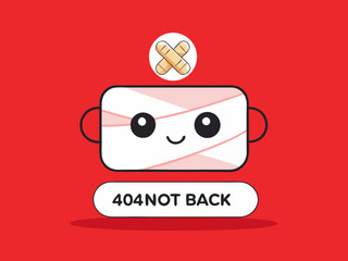 Flat design 404 error message with sad face bandages and be back soon note
