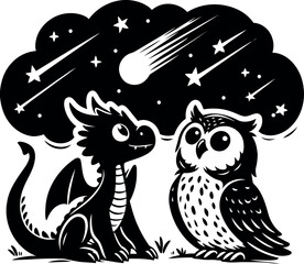 Dragon and Owl Under a Starry Night Sky