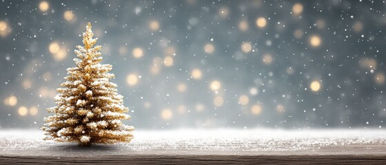 Small wooden Christmas tree with snow on rustic table and snowy bokeh background, winter holiday decor.