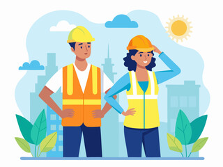 Heat stroke prevention poster with characters icons and sun safety guidance for outdoor workers