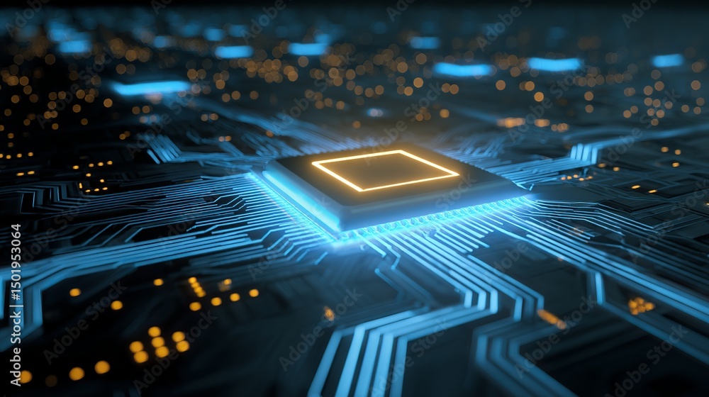 Aufkleber abstract digital circuit board technology background modern futuristic glowing blue lines orange squ