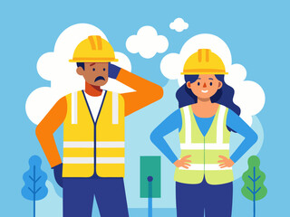 Flat design heat stroke prevention illustration with workers wearing safety vests and helmets