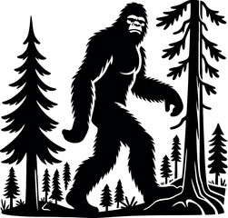 Bigfoot is Walking Through Dense Forest Silhouette