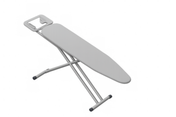Metal ironing board displaying white surface, gleaming with clean lines, positioned for pressing clothing efficiently