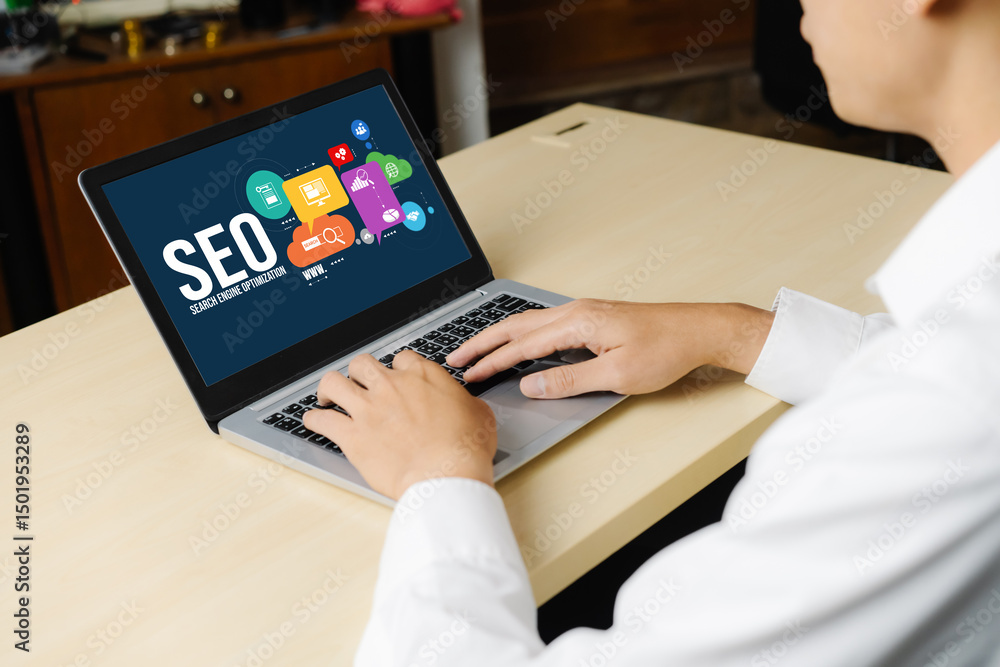 Poster seo search engine optimization for modish e-commerce and online retail business showing on computer 