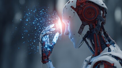 Advanced Futuristic Robot Artificial Intelligence Studying Data Sphere Digital Technology Innovation Concept Modern Robotic Science Fiction White Red Mechanical Engineering Design 