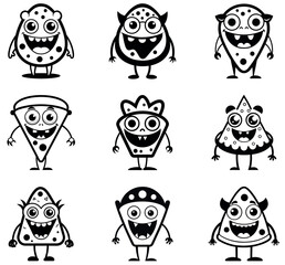 Black and White Cartoon Monster Pizza Slice Characters with Funny Faces
