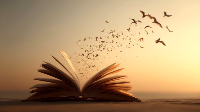 An open book lies on the ground at sunset, with its pages transforming into a flock of birds taking flight—symbolizing imagination, freedom, and storytelling. ai generative
