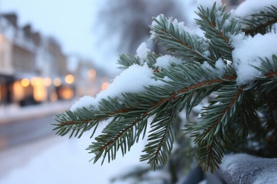 Snow-covered street with bare tree branches and urban buildings under a gray winter sky. - Powered by Adobe