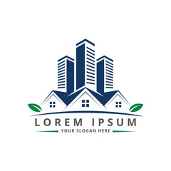 Real Estate Logo Featuring Buildings, Houses, and Green Leaves