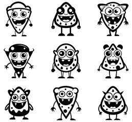 Black and White Cartoon Monster Pizza Slice Characters with Funny Faces