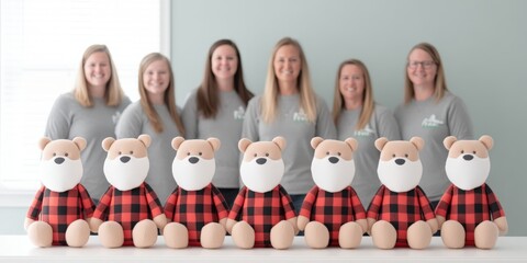 Obraz premium Five women stand behind a group of colorful teddy bears against a plain white background.