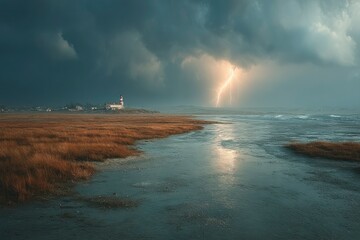 Stormy Coastal Scene with Lighthouse and Lightning Strike Over Water