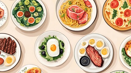 Assorted food dishes displayed on plates.