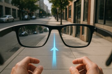 Augmented reality smart glasses displaying navigation arrow on urban sidewalk