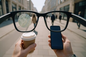 Augmented reality smart glasses displaying city map while walking with coffee and smartphone