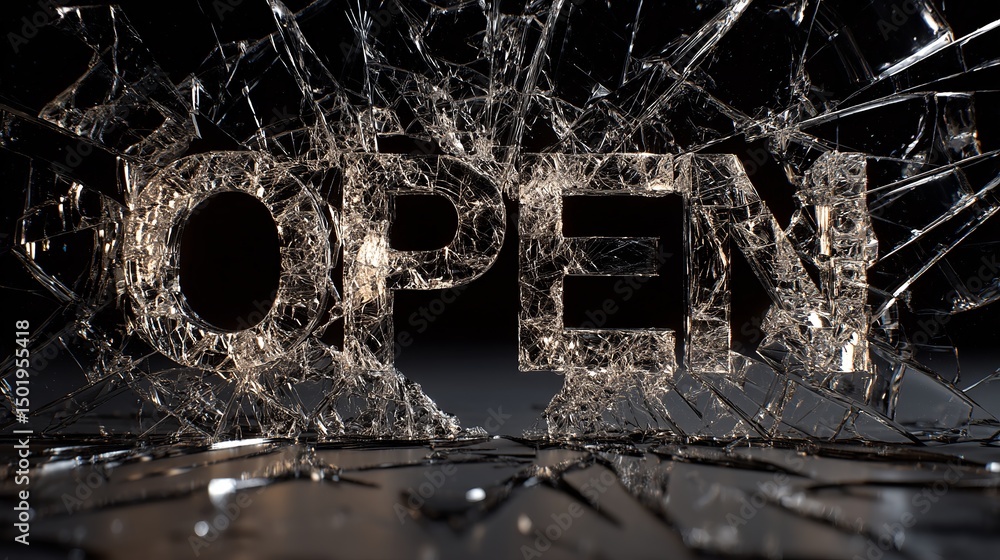 Poster shattered glass open sign dramatic text effect broken glass pieces abstract background design graphi