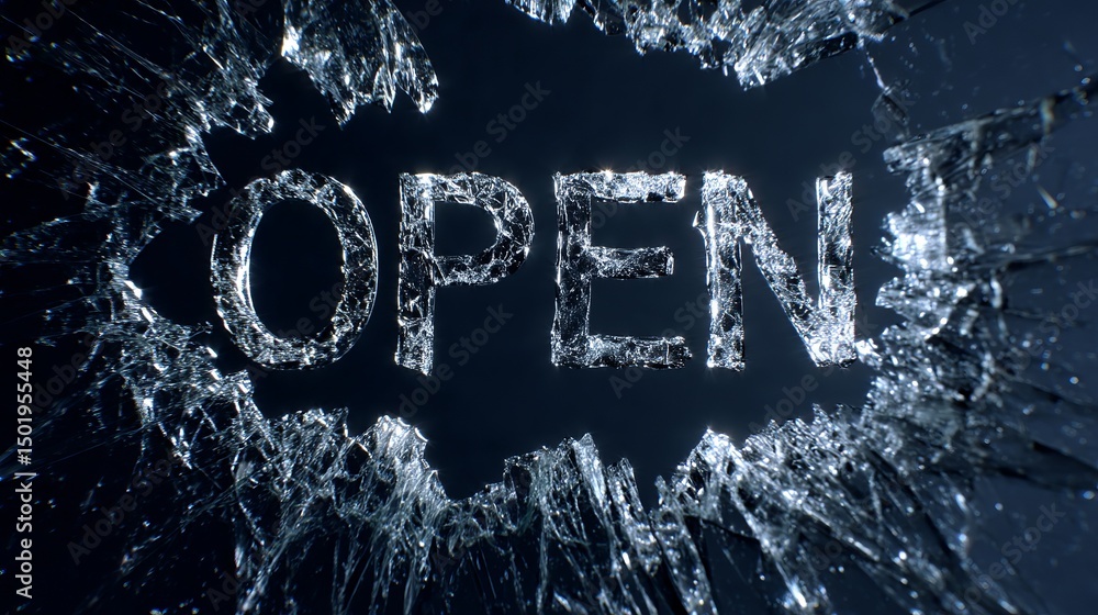 Poster shattered glass open sign dramatic text effect broken window pane ice texture abstract background de