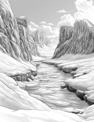 Frozen arctic canyon with snow-covered cliffs and icy river. Black and white coloring page illustration inspired by the Svalbard archipelago
