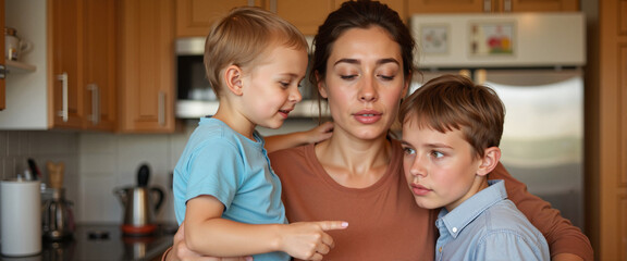 Emotional mother comforting children in warm kitchen, family bond