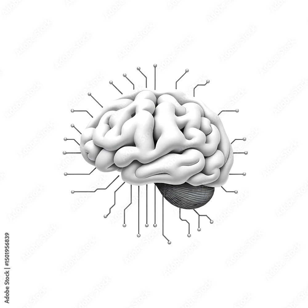 Poster white minimalistic brain with surrounding circuit-like extensions and tech feel, high quality png is