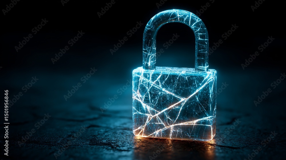 Poster cybersecurity digital padlock abstract glowing blue network lines technology security concept dark b