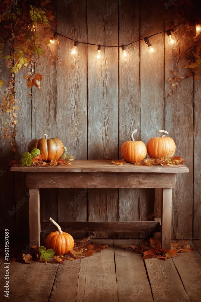 Poster fall decor arrangement with pumpkins on wooden table beneath string lights in a rustic setting