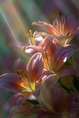 Beautiful Pink Lilies Illuminated by Soft Light in a Serene Setting During the Golden Hour