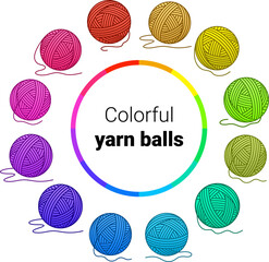 Colorful yarn balls arranged in circle around rainbow color wheel. Knitting and crochet supplies illustration for crafts and hobbies.