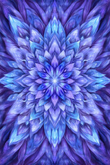 A symmetrical, abstract design resembling a flower with vibrant shades of blue and purple radiates from the center. Concept: abstract, color harmony, symmetry