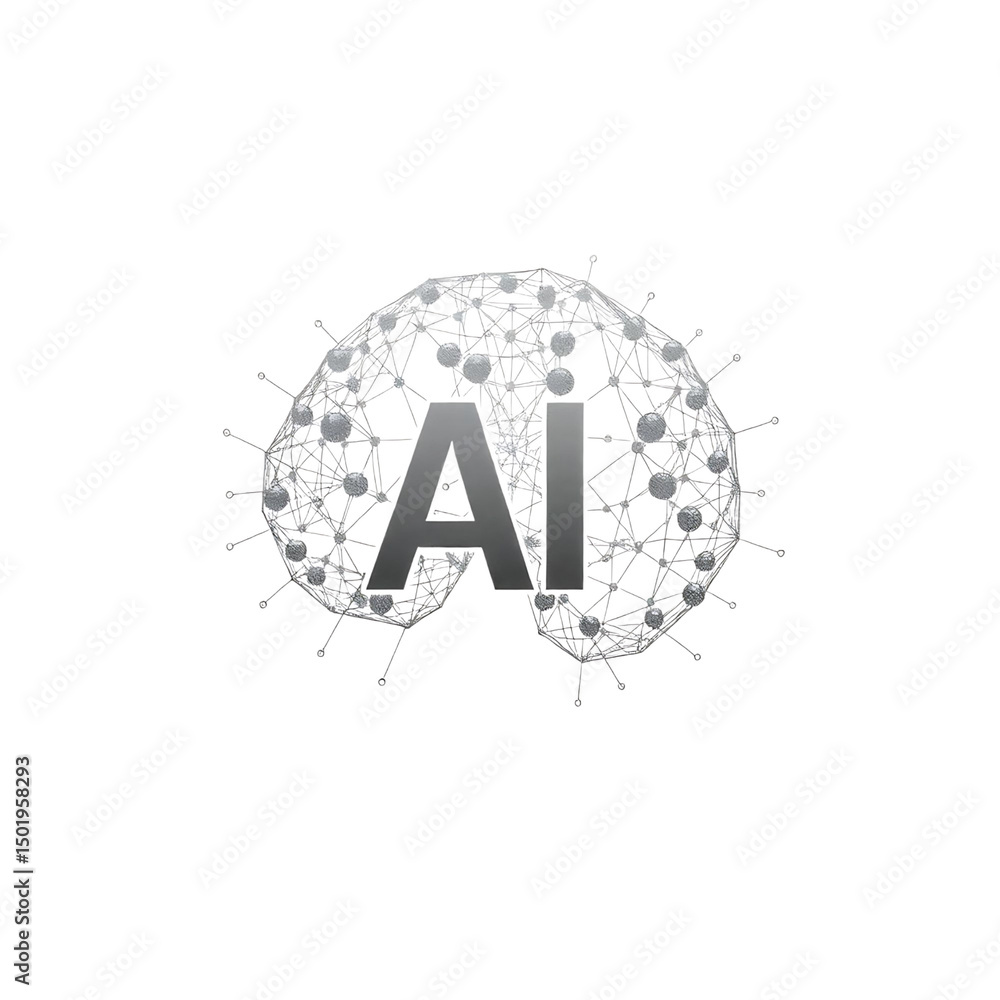 Poster silver ai lettering with network connection dots and nodes, high quality png isolated on transparent