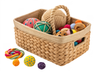 Pet toy organizer basket png storage bin for pet toys png dog toy holder png fabric toy basket for cats png pet cleanup solution png transparent background