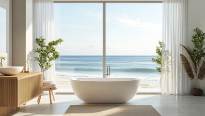 Seaside sanctuary: A bright bathroom with ocean views for ultimate relaxation