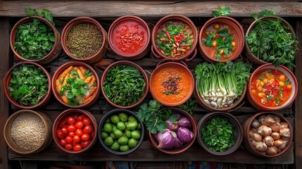 Colorful assortment of fresh vegetables and herbs in wooden containers.