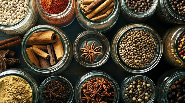 Colorful assortment of various seasonings in glass jars, showcasing a range of spices and herbs used for cooking.